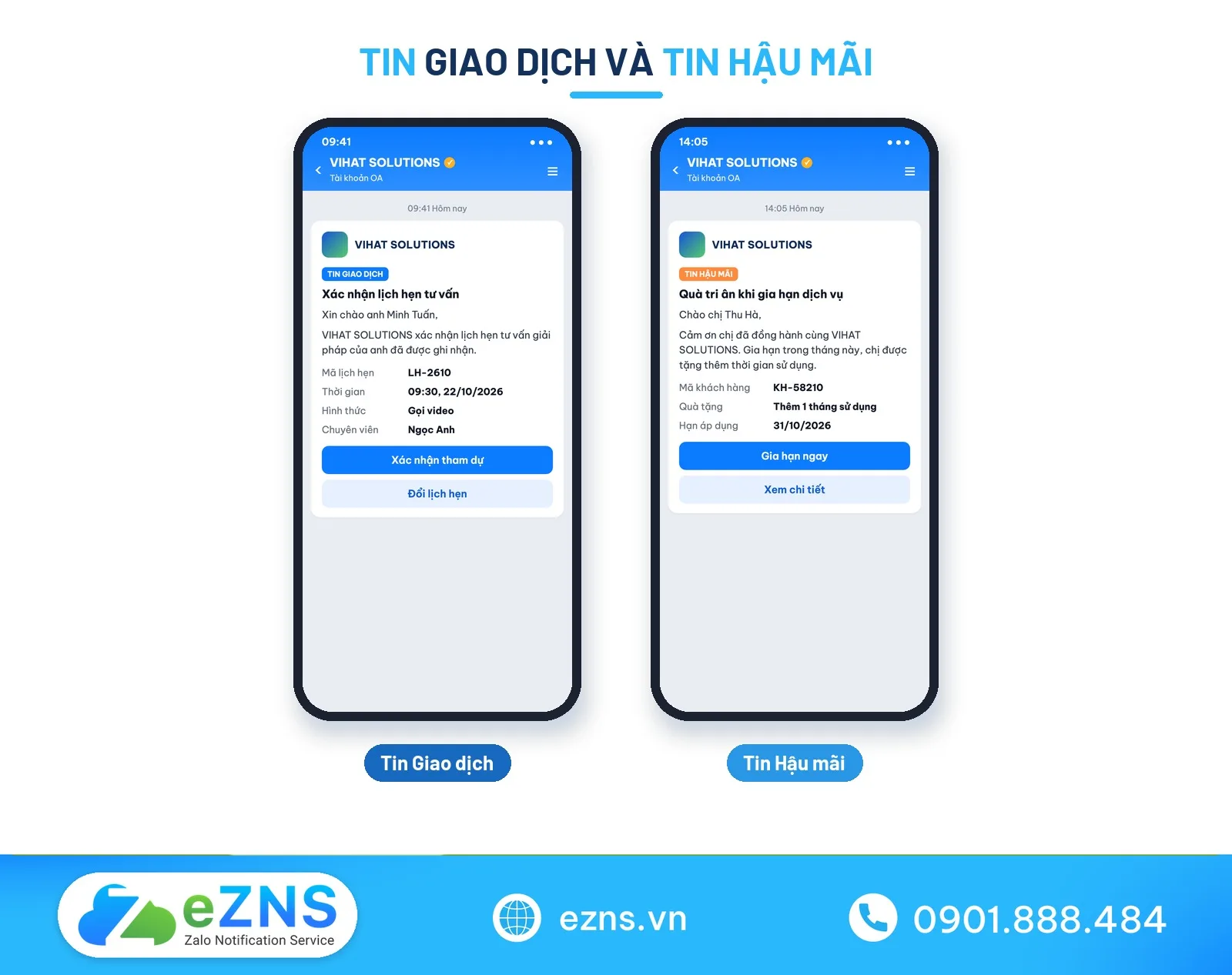 Ví dụ tin ZBS Giao dịch xác nhận lịch hẹn và tin ZBS Hậu mãi tri ân khách hàng